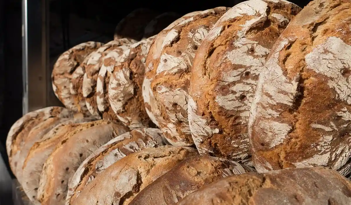Stack of rustic crusty round bread loaves displayed in a bakery.