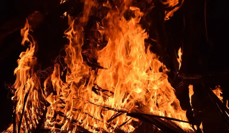 Close-up of a large campfire with orange flames and burning logs in the dark.