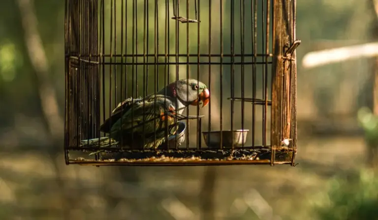 Parrot inside a small metal cage outdoors with soft natural light