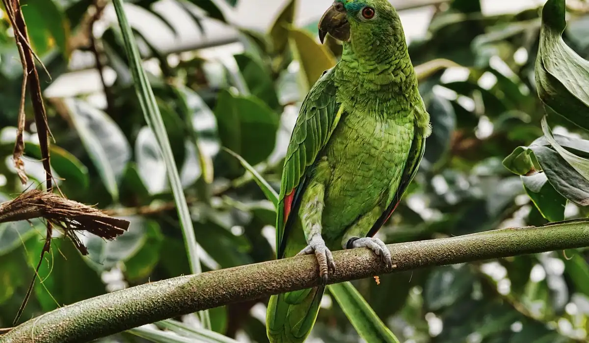 A green parrot perched on a branch in a leafy environment, symbolizing care considerations for pet birds at end of life.