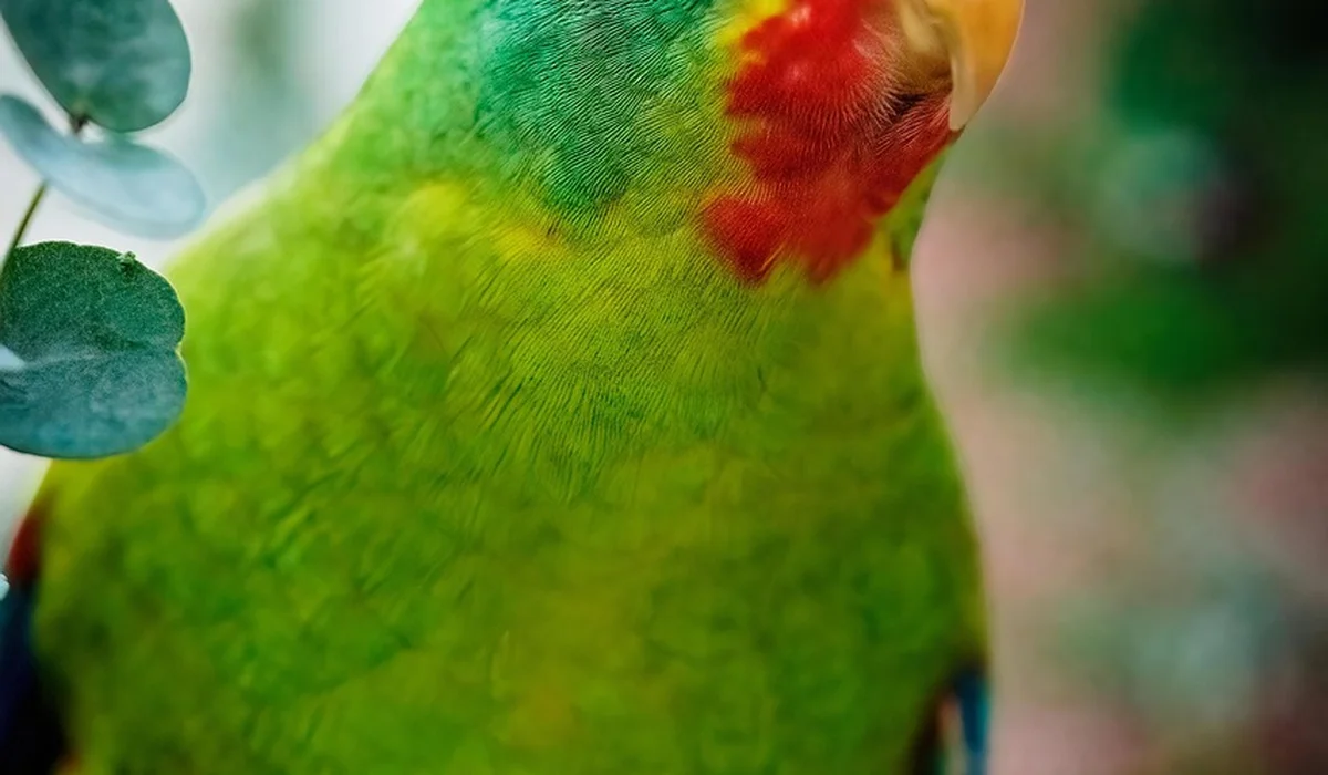 Close-up of a bright green parrot with a red patch near its beak, showing detailed feather texture.