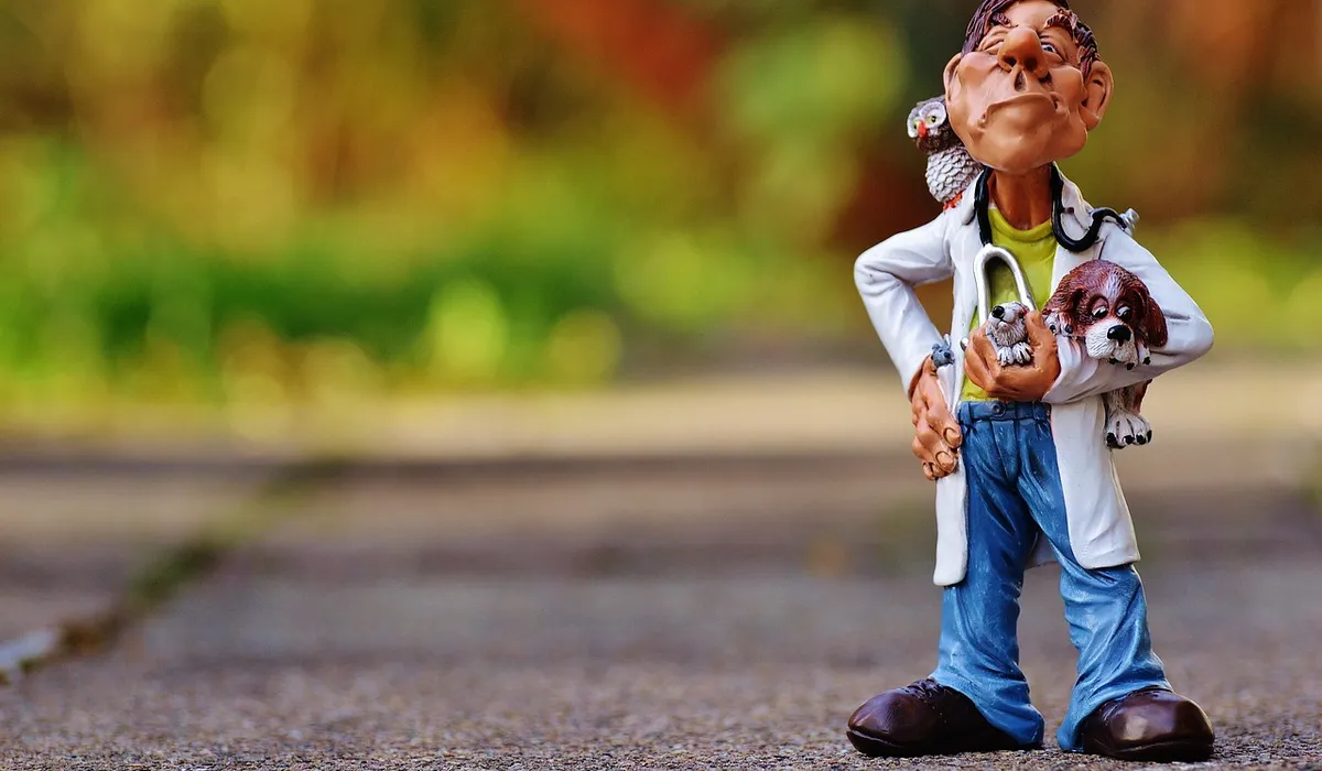 Cartoon figurine of a veterinarian with a parrot on his arm, wearing a white coat and jeans, standing on a park path.