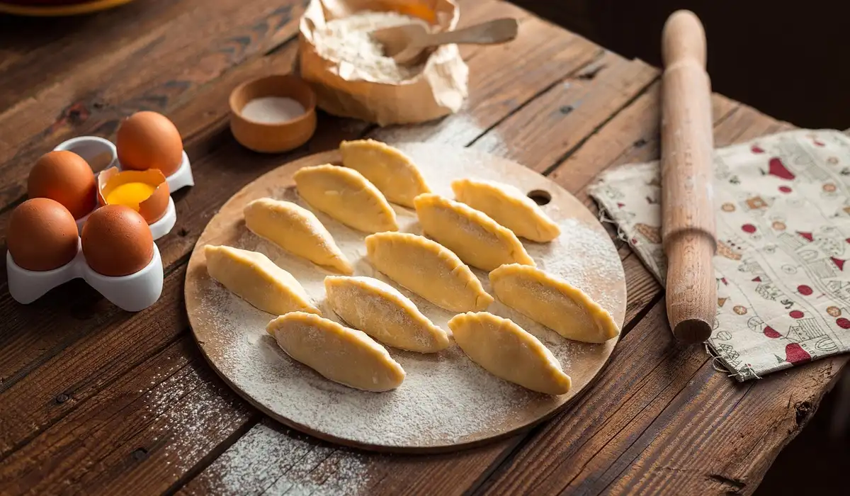 Rustic kitchen scene showing a round board with dumplings, eggs in a carton, flour, and a rolling pin on a wooden table.