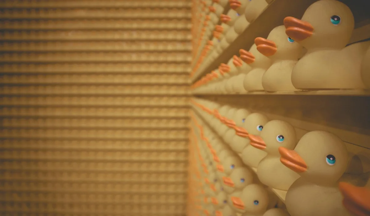 Row of white rubber ducks with orange beaks lined on shelves against a wooden background
