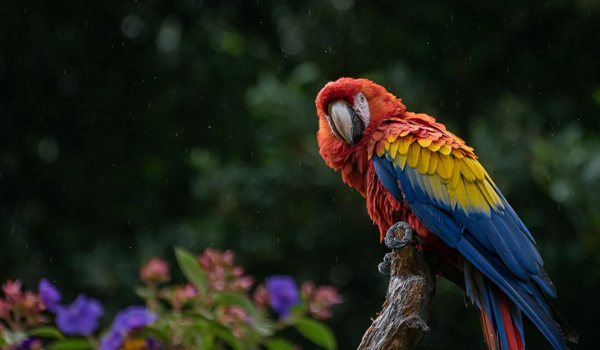 A scarlet macaw perched on a branch in a tropical rainforest, showing vivid red plumage on its head and body with blue and yellow wings.