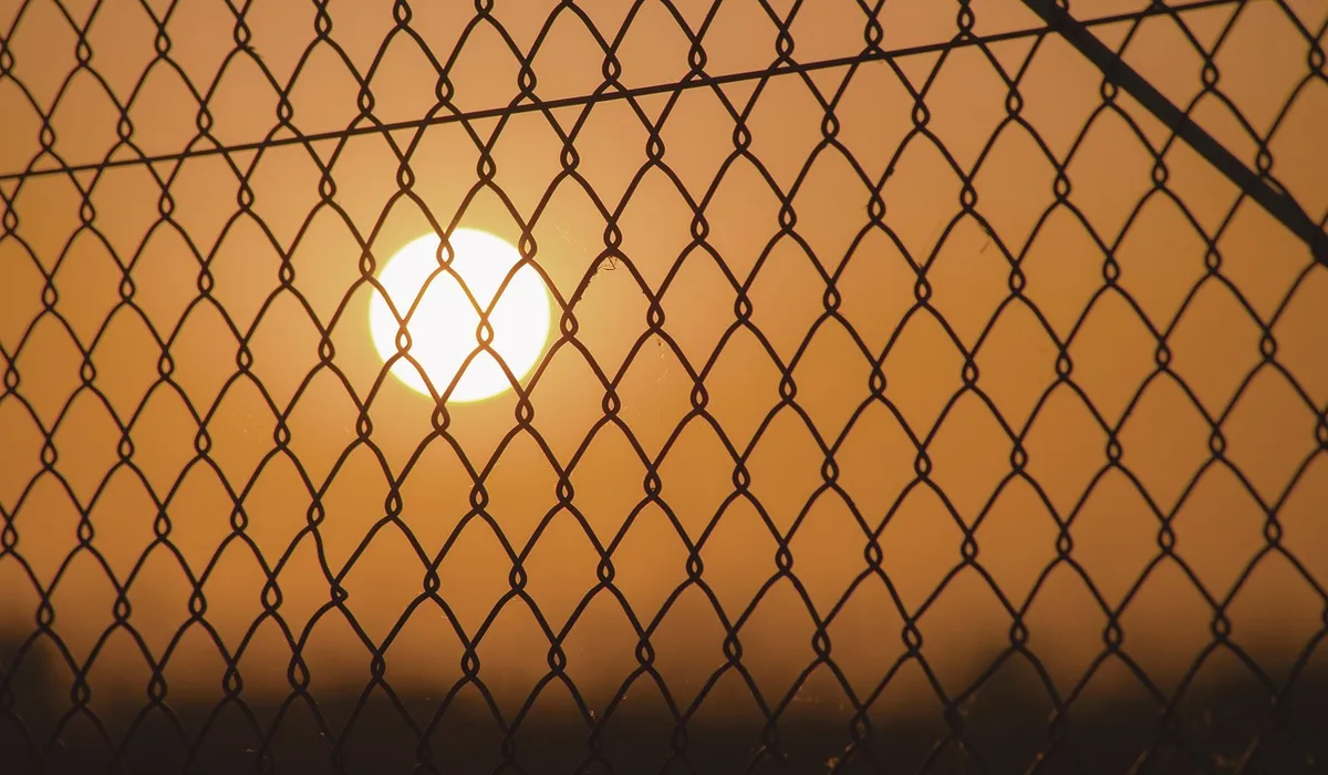 Sunset behind a metal chain-link fence.